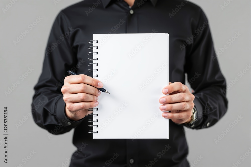 Aufkleber closeup of a person holding a blank spiral notebook with a pen in hand against a neutral background.