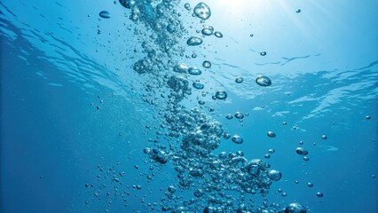 A cluster of small blue water droplets falling from a blue sky, drifting downwards against the vast blue background, water cycle, blue water drops