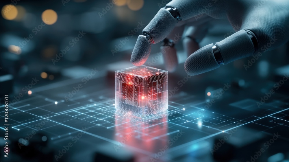 Poster Futuristic Robotic Hand Interacting with Holographic Data Cube in a High-Tech Digital Environment, Illustrating Advances in Technology and Artificial Intelligence