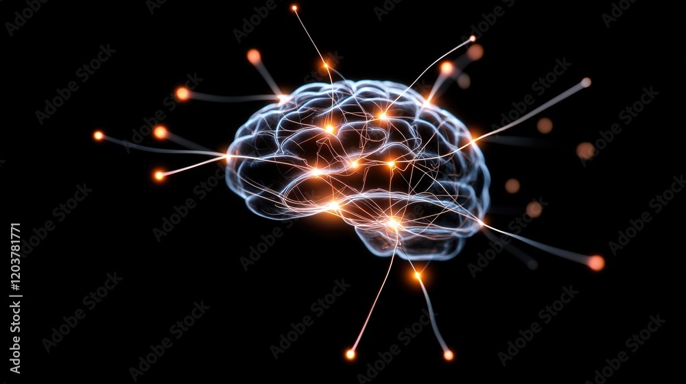 Poster abstract representation of a human brain with luminous connections illustrating neural activity, tho