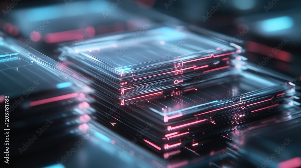 Aufkleber Futuristic Digital Interface with Layered Transparent Panels and Neon Lights, Showcasing Modern Technology and Data Visualization Concepts in a High-Tech Environment
