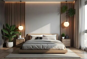 A modern bedroom featuring a large bed with a light gray comforter and multiple pillows. The headboard is made of wood 