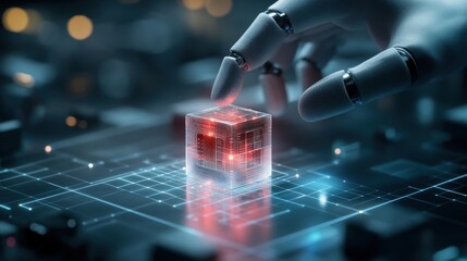 Futuristic Robotic Hand Interacting with Holographic Data Cube in a High-Tech Digital Environment, Illustrating Advances in Technology and Artificial Intelligence