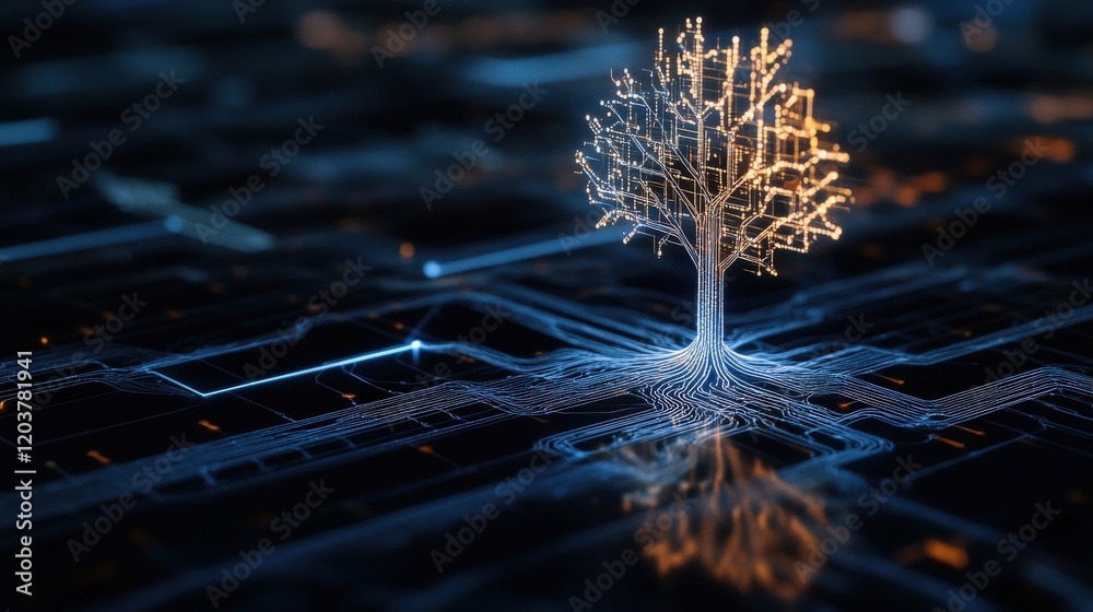 Poster Futuristic Digital Tree Design with Glowing Lights on Circuit Board Background Perfect for Technology, Nature, or Innovation Concepts in Modern Visual Communication
