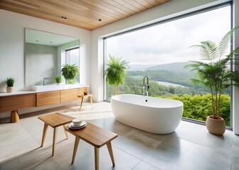Fototapeta premium Luxurious Bathroom: Aerial View of White Freestanding Tub & Wooden Stool