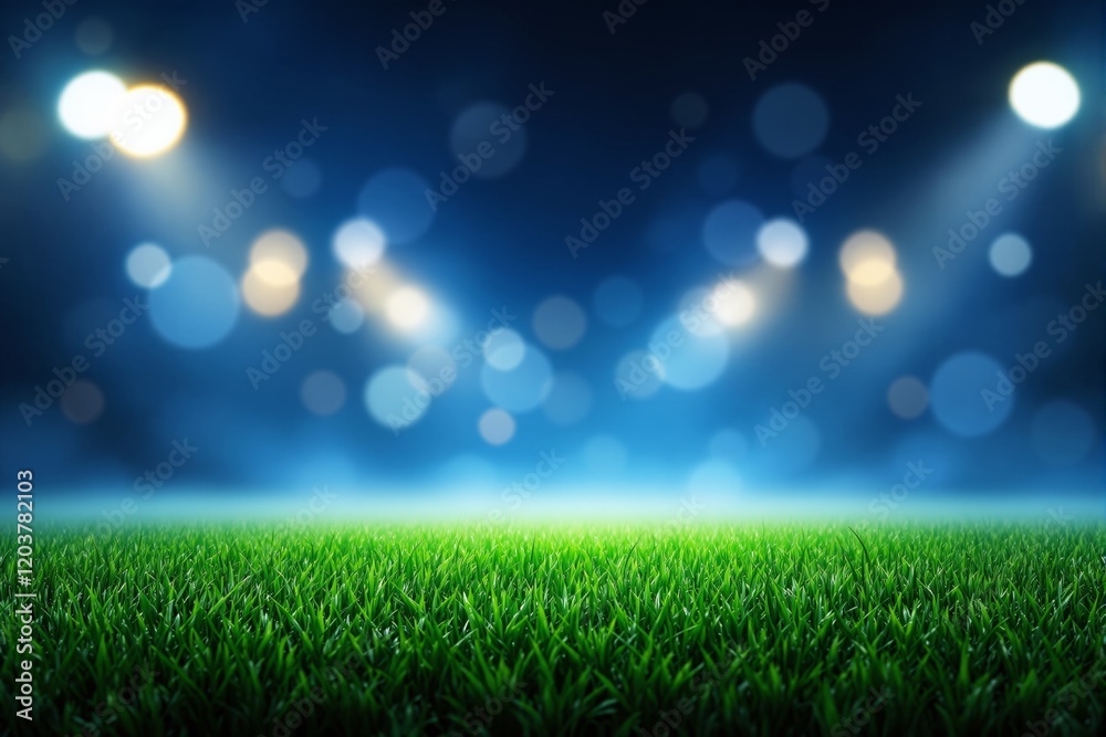 Aufkleber Grass field illuminated by blurred stadium lights at night with bokeh effect.