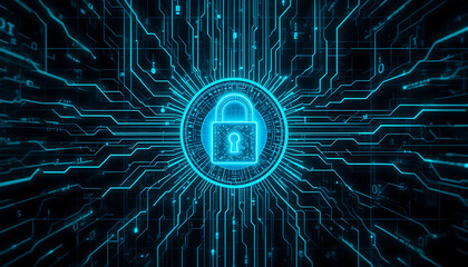 Cybersecurity Digital Lock Glowing Circuit Board Background