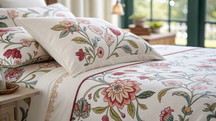 Luxurious Bed Linen: Elegant Floral Pattern, Soft Texture, High-Thread-Count Cotton Sheets,  Close-Up Product Shot