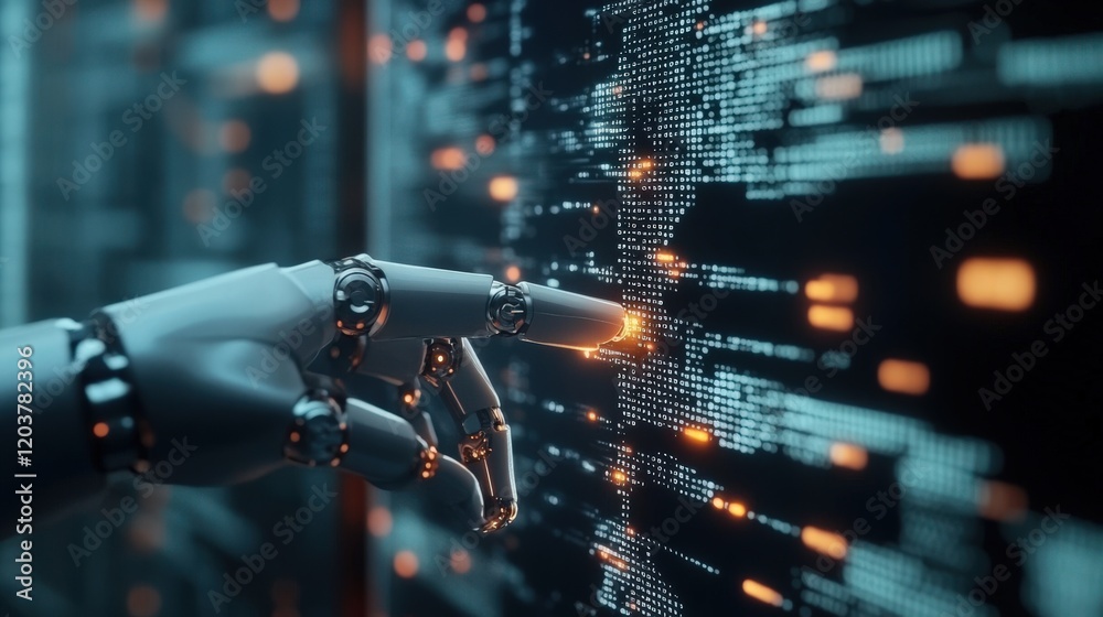 Aufkleber Futuristic Robotic Hand Interacting with Digital Interface Displaying Data Visualizations and Technology Concepts in a Modern Cyber Environment