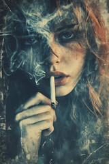 Obraz premium A girl holding a cigarette, surrounded by swirling smoke. The image is in grunge style with urban aesthetics, dark and moody tones. Perfect for posters, evoking a sense of city contrast and rebellion.