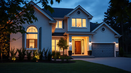 Luxury Dream Home at Night: Illuminated Facade, Landscaping, and Modern Design