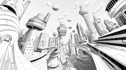 Futuristic Cityscape Sketch with Floating Spheres and Elevated Roadways Detailed Black and White Illustration