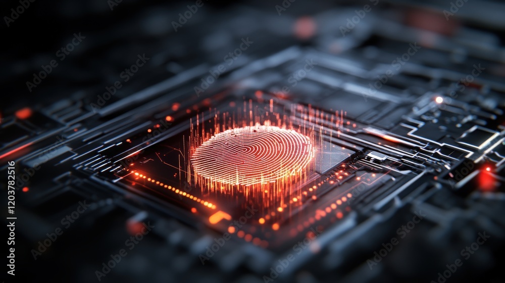 Aufkleber Abstract close-up of a digital fingerprint scan rendered in vibrant colors on a high-tech circuit board, emphasizing cybersecurity and biometric technology concepts