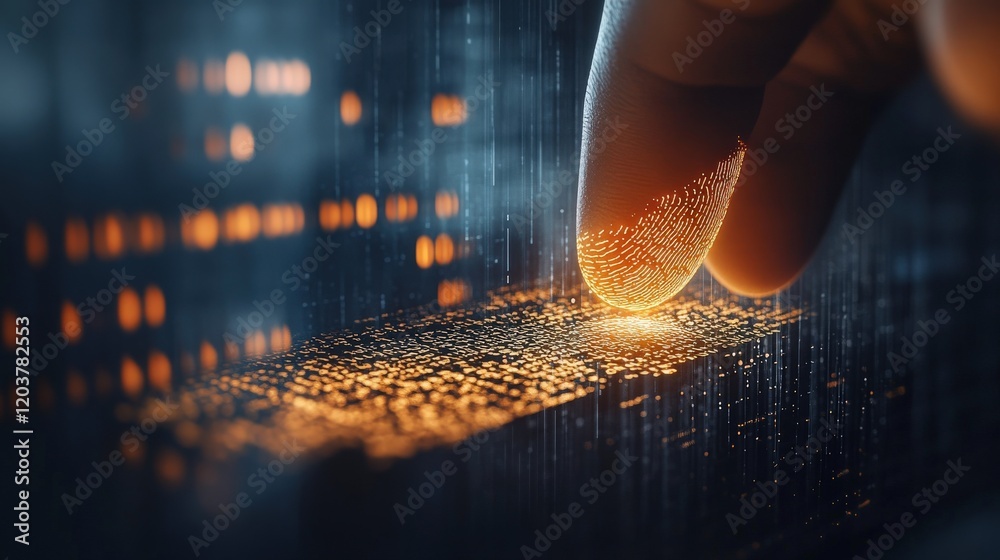 Poster close-up view of a finger illuminated by orange light, scanning a digital fingerprint against a dark