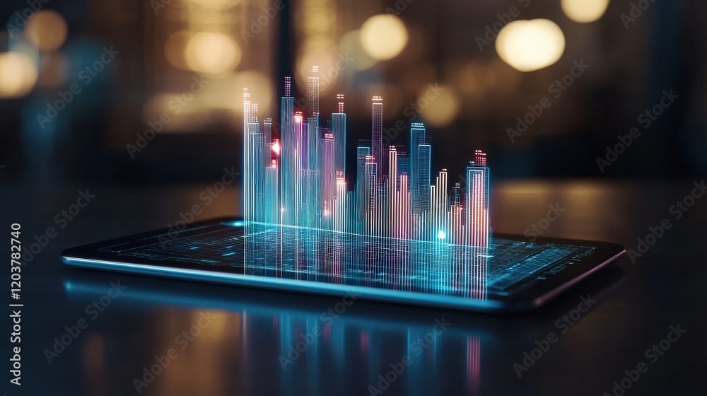 Poster Dynamic Data Visualization on a Tablet Displaying Futuristic Graphs and Charts Surrounded by Blurred Lights, Representing Analytics and Technology in Modern Business Environments