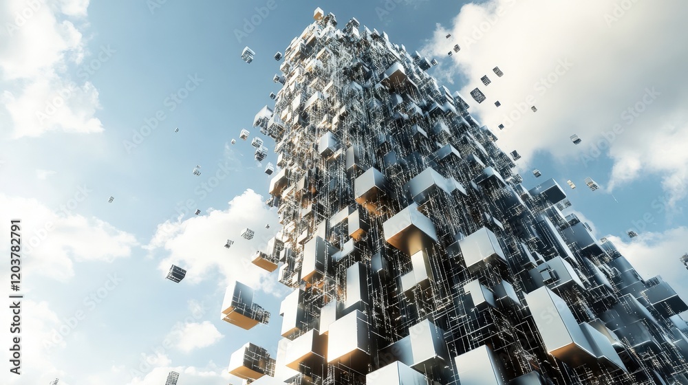 Aufkleber Abstract Tower of Floating Metallic Cubes in a Bright Sky with Fluffy Clouds, Symbolizing Technology, Innovation, and Futuristic Design in a Digital World