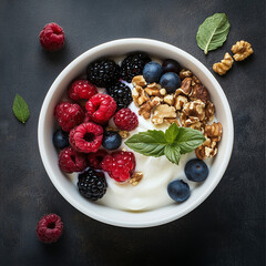 Photo of Greek yogurt with berries and nuts in a beautiful white bowl, top view