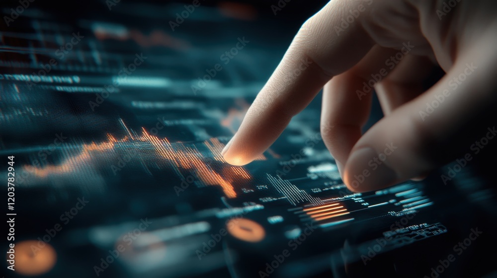Poster Close-Up View of a Human Finger Interacting with a Digital Interface Displaying Financial Charts and Graphs in a High-Tech Environment