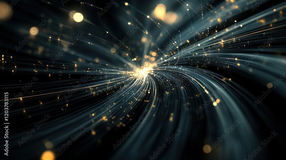 Fototapete Abstract light trails in a dynamic pattern showcasing luminous particles and soft glowing orbs, creating an impression of movement and depth in a dark space.