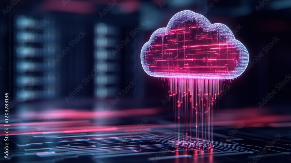 Poster Futuristic Digital Cloud Representation with Data Streams and Neon Lights in a High-Tech Environment, Symbolizing Cloud Computing and Data Management Solutions