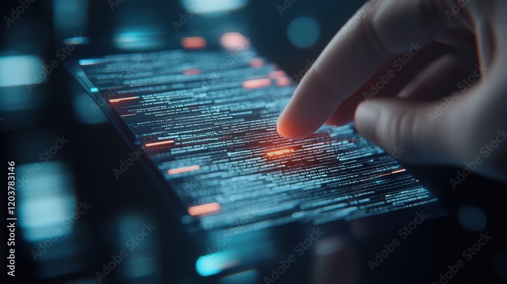 Aufkleber Close-up of a hand interacting with a futuristic touchscreen displaying digital code, showcasing advanced technology, data manipulation, and innovation for tech-related concepts.