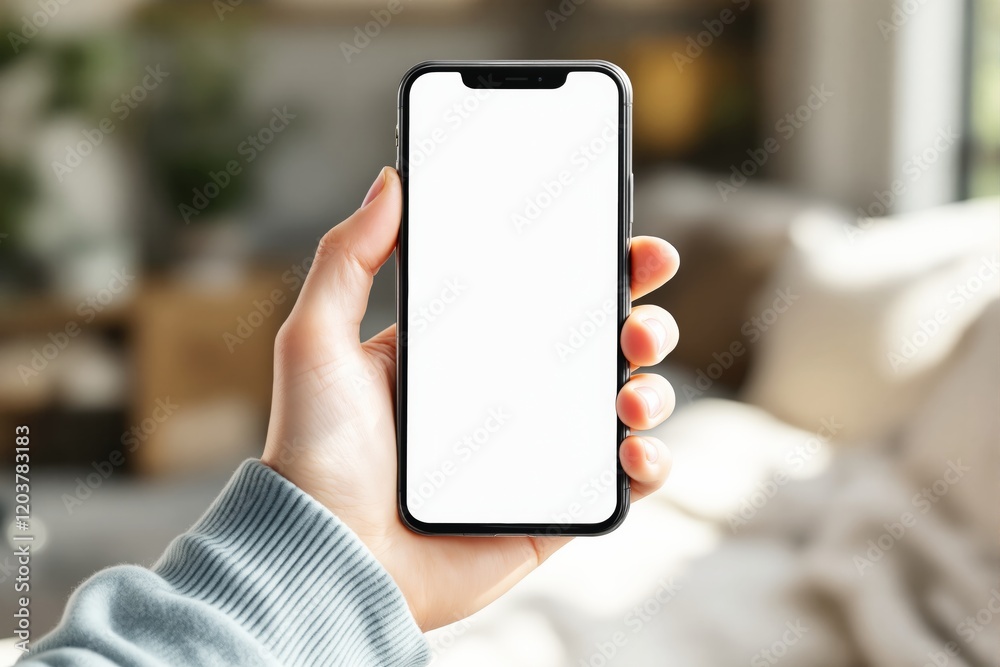 Poster closeup of a hand holding a smartphone with a blank white screen.