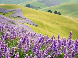 Naklejka premium A profusion of lavender and lilac blooms fills a rolling green hillside with an abundance of color, meadow, purple flowers, rural
