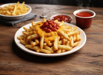 A plate of steaming hot fries with ketchup and cheese sauce , side dish, comfort food, condiments