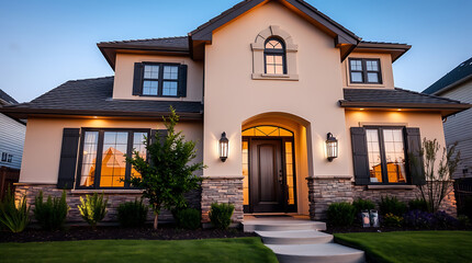 Fototapeta premium Luxury Dream Home: Modern Architectural Design, Stunning Exterior, and Landscaping