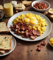 A plate of breakfast favorites including scrambled eggs, crispy bacon bits, diced potatoes, and toasted bread , Crispy Bacon, Toasted Bread