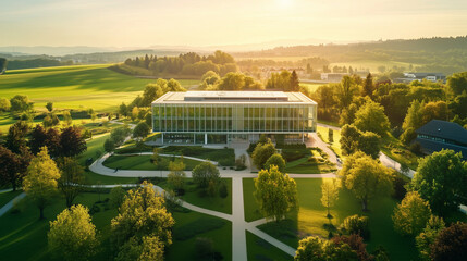 office building with green roof gardens, blending into a lush green environment, with an  green fields and a clear sky,