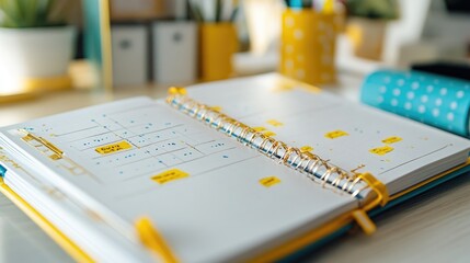 A close-up of an elegant planner with a hand-drawn business roadmap and highlighted goals.