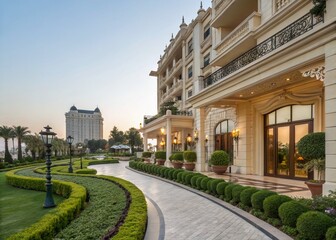 Naklejka premium Luxurious Hotel Exterior: Stunning Architecture, Lush Landscaping, High-DOF Stock Photo