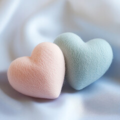 Obraz premium Two soft wool hearts in pastel pink and light blue hues placed on a soft fabric background. The hearts are slightly fuzzy and delicate, with a handmade feel. The colors evoke a serene and calming atmo