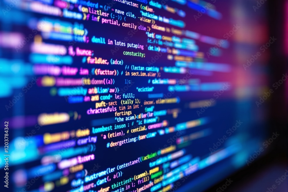 Poster Close-up of colorful programming code on a screen in a blurred background.