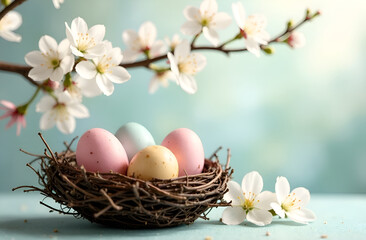 Fototapeta premium Easter eggs in a bird's nest on a branch with pink flowers, a place for text. Selective focus, blurred background. Easter card, banner, template.