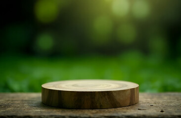 Product podium in nature outdoors forest blurred green background. Blurred background, selective focus.