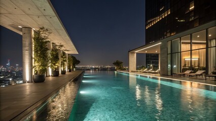 Fototapeta premium Luxurious Modern Hotel Swimming Pool - Night Long Exposure Photography