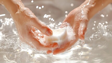 Fototapeta premium Closeup of Hands Being Washed Under Running Water with Soap Foam