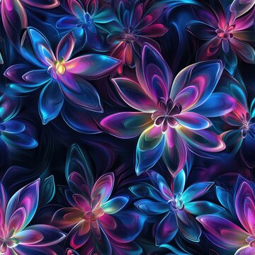Floral fractals with self - replicating 3D flowers in luminous neon tones . Seamless abstract 3d pattern background