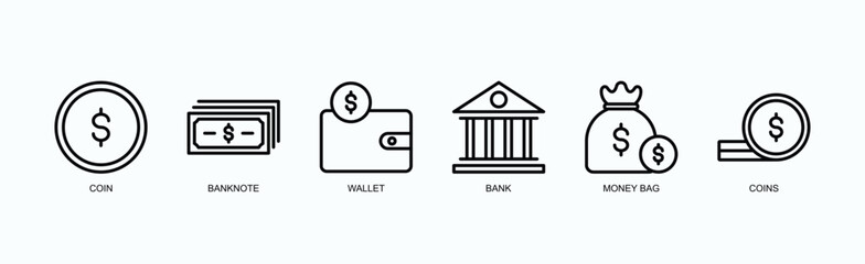 Wealth Wallet Icons Icon Set Isolated Vector Illustration Concept With Icon Of Coin, Banknote, Wallet, Bank, Money Bag, Coins In Outline Style