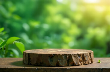 Fototapeta premium Product podium in nature outdoors forest blurred green background. Blurred background, selective focus.