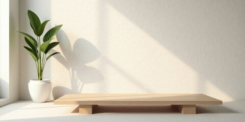 Serene Minimalist Studio Setting with Light-Dappled Wall and Elegant Plant on Wooden Display