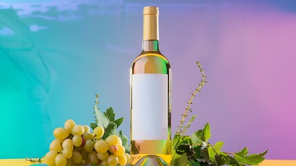 Fototapeta premium Elegant still life of a wine bottle with blank label surrounded by fresh grapes and herbs on colorful backdrop