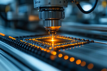 Semiconductor Die Illuminated by Laser Beams in a Futuristic High-Tech Laboratory