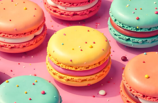 Sweet and colorful French macarons, dessert. Top view of colorful macaroons, close up. - Powered by Adobe