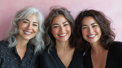 Portrait of a diverse group of three smiling women of different ages, warm and natural expressions, soft peach background, close-up composition, friendly and inclusive theme, promoting unity 