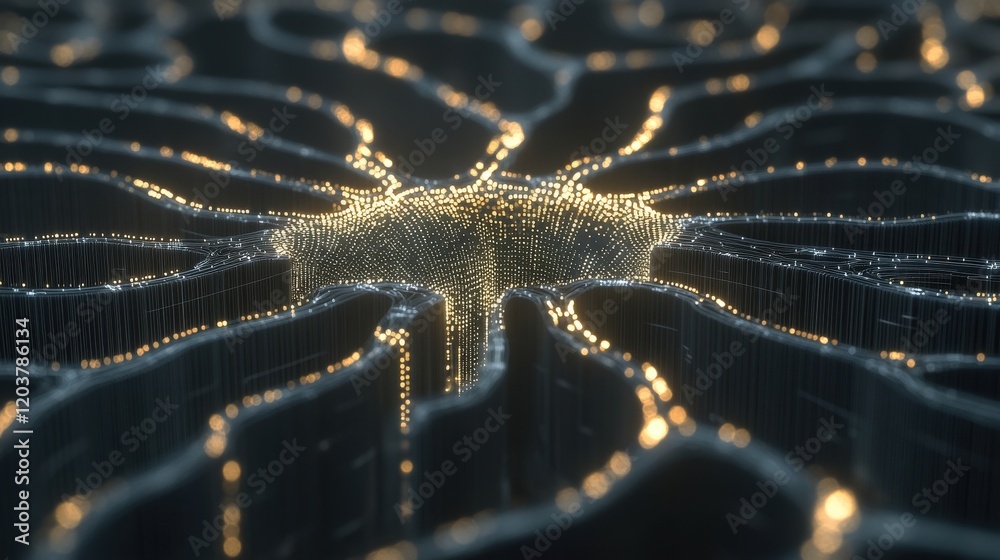 Leinwandbilder Abstract representation of intricate neural connections illuminated by glowing lines and dots, showcasing a mesmerizing cybernetic landscape with depth and texture.