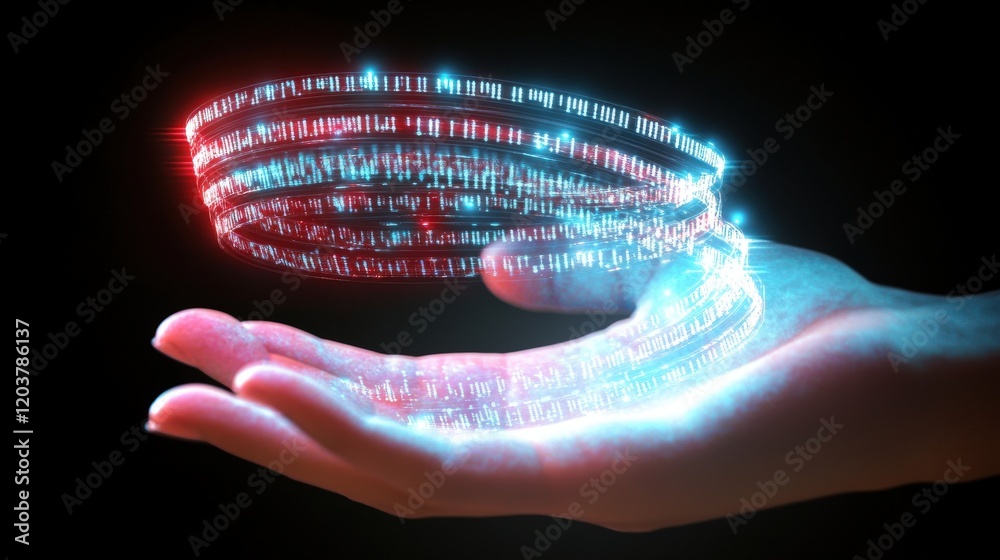 Poster futuristic hand holding light trails with vibrant blue and red colors symbolizing technology and inn