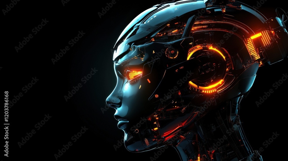 Poster futuristic cybernetic human head design with glowing elements and high-tech features against a dark 